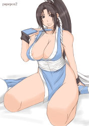 Rule 34 | 1girl, areola slip, breasts, brown hair, cleavage, covered erect nipples, looking at viewer, no bra, papepox2, shiranui mai, simple background, snk, solo, the king of fighters, white background