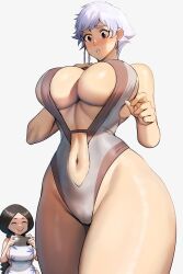 Rule 34 | 2girls, arm at side, black eyes, bleach, blush, breasts, cleavage, cleft of venus, cowboy shot, earrings, embarrassed, eyepatch, female focus, from below, ghostdoctor, grey one-piece swimsuit, hand on own chest, hand up, highleg, highleg swimsuit, highres, jewelry, kotetsu isane, large breasts, long hair, looking down, multiple girls, navel, nose blush, one-piece swimsuit, parted lips, short hair, simple background, smile, solo focus, standing, swimsuit, teeth, thick eyebrows, thighs, unohana retsu, white background, white hair, wide hips