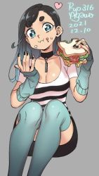 Rule 34 | 1girl, agawa ryou, aqua thighhighs, arm warmers, artist name, asymmetrical bangs, black choker, black hair, black nails, black skirt, blue eyes, blue hair, bread, breasts, bright pupils, choker, cleavage, closed mouth, collarbone, commentary, dated, eating, english commentary, feet out of frame, flipped hair, food, food on face, grey background, hands up, heart, invisible chair, jewelry, large breasts, lettuce, long hair, looking at viewer, miniskirt, multicolored hair, nail polish, necklace, numbered, original, pencil skirt, sandwich, shirt, short eyebrows, short sleeves, simple background, sitting, skirt, solo, striped clothes, striped shirt, swept bangs, thick eyebrows, thighhighs, tomato, two-tone hair, white pupils, white shirt, zettai ryouiki