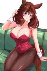 Rule 34 | absurdres, aki (mmtghdak), alternate costume, animal ears, armpits, bare shoulders, black pantyhose, blush, breasts, brown eyes, cleavage, commentary, couch, ear covers, highres, horse ears, horse girl, horse tail, large breasts, leotard, looking at viewer, nice nature (umamusume), nontraditional playboy bunny, on couch, open mouth, pantyhose, red hair, red leotard, simple background, smile, tail, twintails, umamusume, white background, wrist cuffs