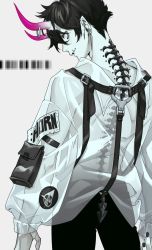 Rule 34 | 1boy, bad id, bad twitter id, black nails, black pants, cowboy shot, ear piercing, earlobe stretcher, earrings, fang, fang out, fangs, from behind, grey background, highres, horn piercing, horns, jacket, jewelry, limited palette, long sleeves, looking at viewer, looking back, male focus, nail polish, oni horns, pale skin, pants, piercing, pouch, samei ikusa, see-through, see-through jacket, smile, solo, spot color, stretcher