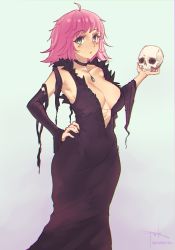 Rule 34 | 1girl, ahoge, black choker, breasts, choker, chromatic aberration, cleavage, detached sleeves, dress, green eyes, halloween, halloween costume, hand on own hip, highres, holding, holding skull, jewelry, large breasts, long dress, n1rv ann-a, no bra, pendant, pink hair, plunging neckline, puk (higanbana doujin), sam (n1rv ann-a), short hair, simple background, skull, solo