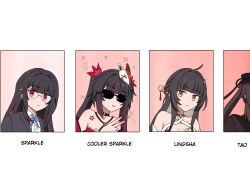 4girls bare_shoulders black_choker black_hair black_jacket blue_ribbon blunt_bangs choker commentary criss-cross_halter dual_persona facial_mark genshin_impact glasses halterneck highres honkai:_star_rail honkai_(series) hu_tao_(genshin_impact) jacket lingsha_(honkai:_star_rail) long_hair looking_at_viewer mark_under_both_eyes meme mihoyo multiple_girls na_(naneesan1) neck_ribbon out_of_frame red_eyes ribbon shirt sidelocks smile sparkle sparkle_(honkai:_star_rail) sparkle_(school_uniform)_(honkai:_star_rail) the_cooler_daniel_(meme) twintails upper_body v white_shirt yellow_eyes