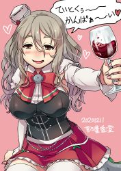 Rule 34 | 1girl, alcohol, artist name, bad id, bad pixiv id, bow, bowtie, brown eyes, commentary request, corset, cup, dated, drinking glass, drunk, grey hair, hat, kantai collection, kotonoha kasumi, looking at viewer, mini hat, miniskirt, pink background, pola (kancolle), shirt, simple background, skirt, solo, thighhighs, tilted headwear, translation request, wavy hair, white shirt, white thighhighs, wine, wine glass