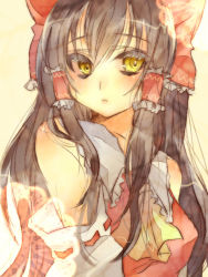 Rule 34 | 1girl, ascot, bad id, bad pixiv id, bare shoulders, bow, brown hair, detached sleeves, female focus, hair bow, hair tubes, hakurei reimu, japanese clothes, long hair, miko, mitsuhachi8, sketch, solo, touhou, upper body, yellow eyes
