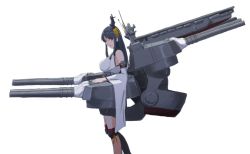 Rule 34 | 10s, 1girl, black hair, breasts, cannon, detached sleeves, from side, fusou (kancolle), hair ornament, kantai collection, large breasts, long hair, looking at viewer, looking to the side, machinery, mecha musume, nontraditional miko, red eyes, simple background, solo, standing, supi (inner map), turret, upper body, white background, wide sleeves