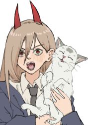 Rule 34 | animal, blue jacket, blush, cat, chainsaw man, demon horns, fangs, highres, holding, holding animal, holding cat, horns, jacket, meowy (chainsaw man), necktie, open mouth, pantsu-ripper, power (chainsaw man), red eyes, simple background, tongue, tongue out, white background, white cat