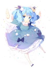 Rule 34 | 10s, 1girl, :o, absurdres, anmi, blue dress, blue eyes, blue hair, blush, dress, fantasista doll, full body, hair rings, high heels, highres, katia (fantasista doll), long sleeves, looking at viewer, matching hair/eyes, open mouth, outstretched arms, perspective, pom pom (clothes), scan, solo, spread arms, twintails, white background, white legwear, wide-eyed
