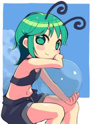 Rule 34 | 1girl, alternate costume, antennae, arm up, ball, bare shoulders, blue background, blue shorts, blush stickers, border, closed mouth, eyebrows hidden by hair, feet out of frame, flat chest, green eyes, green hair, hand on own cheek, hand on own face, highres, holding, holding ball, looking at viewer, loose pants, midriff, navel, outside border, see-through, short hair, shorts, simple background, sitting, smile, solo, touhou, ugif, white border, wriggle nightbug