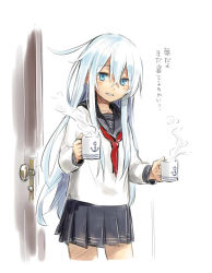 Rule 34 | 10s, 1girl, anchor symbol, blue eyes, commentary request, cowboy shot, cup, door, gou (double trigger), hibiki (kancolle), interacting with viewer, kantai collection, long hair, looking at viewer, mug, neckerchief, no headwear, school uniform, serafuku, silver hair, simple background, skirt, smile, solo, steam, translation request, very long hair, white background