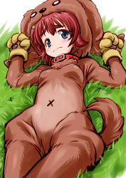 Rule 34 | 10s, 1girl, 3:, absurdres, animal costume, animal hands, anzai miyako, blue eyes, blush, breasts, dog costume, eyebrows, gloves, grass, highres, idolmaster, idolmaster cinderella girls, mercy rabbit, paw gloves, red hair, short hair, small breasts, solo, thick eyebrows