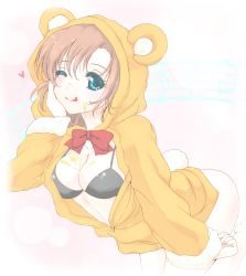 Rule 34 | 10s, 1girl, animal hood, bear hood, bear tail, bent over, black bra, blue eyes, bottomless, bow, bowtie, bra, breasts, clenched hand, food, food on body, food on face, frapowa, fur trim, hand on own cheek, hand on own face, heart, honey, hood, hoodie, kosaka honoka, licking lips, love live!, love live! school idol festival, love live! school idol project, musical note, one eye closed, orange hair, red bow, red bowtie, smile, solo, sparkle, tail, tongue, tongue out, underwear