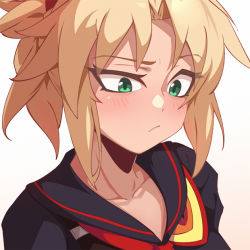 Rule 34 | blonde hair, blush, close-up, collarbone, commentary, cosplay, crop top, darahan, english commentary, fate/apocrypha, fate (series), green eyes, kill la kill, matoi ryuuko, matoi ryuuko (cosplay), mordred (fate), mordred (fate/apocrypha), ponytail, senketsu, solo, white background