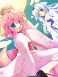 Rule 34 | 2girls, :d, ahoge, animal ears, artist request, blue eyes, blue hair, boom, brown hair, dango, dog ears, dog tail, eating, fang, food, from side, geta, highres, japanese clothes, kimono, lossy-lossless, moon, multiple girls, object on head, open mouth, pink hair, smile, tail, wagashi, wanko to lily
