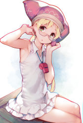 Rule 34 | 1girl, :o, absurdres, arm up, armpits, ataruman, blonde hair, collared shirt, commentary request, dress, glasses, gradient background, hand on headwear, highres, long hair, looking at viewer, made in abyss, miniskirt, parted lips, pink headwear, riko (made in abyss), semi-rimless eyewear, shirt, sitting, skirt, sleeveless, sleeveless dress, sleeveless shirt, solo, under-rim eyewear, whistle, whistle around neck, white-framed eyewear, white background, white skirt