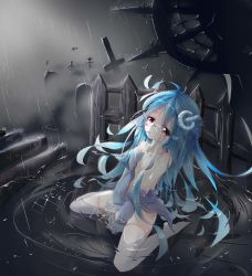 Rule 34 | 1girl, absurdres, asa ni haru, blue hair, coat, collarbone, fence, flat chest, food, full body, glasses, highres, long hair, mouth hold, naked coat, original, partially submerged, pocky, power symbol, rain, red eyes, scarecrow, shirt, sitting, solo, thighhighs, tombstone, wariza