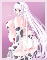 Rule 34 | 1girl, animal ears, animal print, ass, belly, blush, bottle, breasts, cow ears, cow print, cow print bikini, fat, gloves, highres, hime cut, large breasts, long hair, milk bottle, obese, orristerioso, print bikini, red eyes, sideboob, solo, tail, thick thighs, thighhighs, thighs, thong, very long hair, white hair