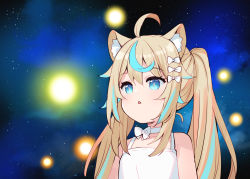 Rule 34 | 1girl, ahoge, animal ear fluff, animal ears, bare shoulders, blonde hair, blue eyes, blue hair, bow, camisole, cat ears, choker, collarbone, commentary request, hair between eyes, hair bow, highres, indie virtual youtuber, long hair, looking away, meito (maze), meme, multicolored hair, parted lips, shidou lio, solo, space, space cat (meme), streaked hair, twintails, upper body, virtual youtuber, white bow, white camisole, white choker