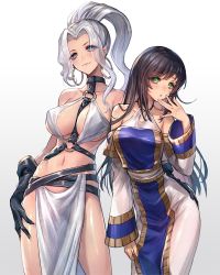 Rule 34 | 2girls, bare shoulders, black hair, blue eyes, breasts, cleavage, closed mouth, detached sleeves, dress, earrings, gensou suikoden, gensou suikoden v, gloves, green eyes, grey hair, high ponytail, jeane (suikoden), jewelry, large breasts, long hair, long sleeves, looking at viewer, medium breasts, multiple girls, navel, oro (sumakaita), ponytail, revealing clothes, simple background, smile, viki (suikoden), white background