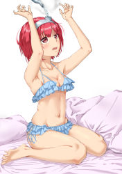 Rule 34 | 1girl, armpits, arms up, barefoot, bed sheet, bikini, blue bikini, blush, breasts, cleavage, frilled bikini, frills, frown, full body, highres, hip vent, hot water bottle, katahama, legs, light blush, medium breasts, on bed, open mouth, original, personification, pillow, pouring, red eyes, red hair, short hair, side-tie bikini bottom, sitting, skindentation, solo, swimsuit, wariza, water, white background