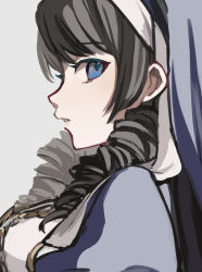 Rule 34 | 1girl, assault lily, black hair, blue eyes, commentary, drill hair, from side, grey background, habit, highres, kosaka anastasia ryouko, long hair, looking at viewer, looking to the side, nun, parted lips, portrait, profile, puffy sleeves, sideways glance, simple background, sketch, solo, tareko, traditional nun, twin drills, veil