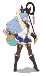 Rule 34 | 1girl, animal ears, arm up, armpits, black footwear, black gloves, blue hair, boots, breasts, brown eyes, brown thighhighs, erune, ferry (granblue fantasy), full body, gloves, granblue fantasy, granblue fantasy versus, highres, holding, holding whip, houtengeki, long hair, looking away, medium breasts, open mouth, sideboob, simple background, solo, standing, thighhighs, whip, white background
