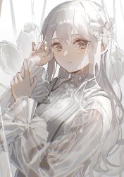 Rule 34 | 1girl, absurdres, brown eyes, commentary, flower, hair flower, hair ornament, hands up, highres, long hair, long sleeves, looking at viewer, original, oyuyu, shirt, solo, tears, upper body, white background, white flower, white hair, white shirt, white theme