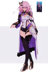 Rule 34 | 1girl, black footwear, black gloves, black shorts, blue eyes, boots, breasts, cape, cleavage, closed mouth, corset, elf, elysia (honkai impact), elysia (miss pink elf) (honkai impact), full body, gloves, hair ornament, heart, high heel boots, high heels, highres, honkai (series), honkai impact 3rd, large breasts, long hair, minxinq, pink hair, pointy ears, reference inset, screenshot inset, short shorts, shorts, single glove, smile, solo, thighs, white background, white corset