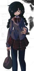 Rule 34 | 1girl, absurdres, arm at side, bag, black eyes, black hair, black pantyhose, blazer, bow, bowtie, braid, bright pupils, buttons, cigarette, closed mouth, commentary, english commentary, expressionless, feet out of frame, funamusea, grey jacket, hair over one eye, hand up, highres, holding, holding bag, holding cigarette, iesonatana, jacket, kurai yonaka, long hair, long sleeves, looking at viewer, miniskirt, mogeko castle, pantyhose, plaid, plaid skirt, pleated skirt, red bow, red bowtie, red skirt, school uniform, shirt, skirt, solo, standing, twin braids, white pupils