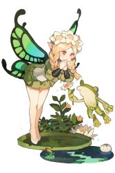 Rule 34 | 1girl, bent over, blonde hair, braid, butterfly wings, covering own mouth, daisy, fairy, flower, frog, hair flower, hair ornament, ingway (odin sphere), insect wings, lily pad, long hair, lotus, mercedes (odin sphere), odin sphere, plant, pointy ears, puff and slash sleeves, puffy sleeves, red eyes, standing, starshadowmagician, tiptoes, twin braids, water, wings