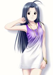 Rule 34 | 1girl, ahoge, arm up, blue hair, bracelet, dress, female focus, gradient background, highres, idolmaster, idolmaster (classic), jewelry, long hair, miura azusa, necklace, ponnetsu, red eyes, smile, solo, white background