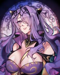 Rule 34 | 1girl, absurdres, breast strap, breasts, camilla (alluring darkness) (fire emblem), camilla (fire emblem), cleavage, fake horns, fire emblem, fire emblem fates, fire emblem heroes, hair over one eye, highres, horns, large breasts, long hair, looking at viewer, multiple girls, nams schmellows, nintendo, official alternate costume, parted lips, purple eyes, purple hair, smile, solo, tiara, upper body, very long hair, wavy hair