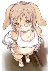 Rule 34 | 1girl, animal ears, blush, body fur, breasts, rabbit, foreshortening, from above, furry, furry female, glasses, hand on own hip, kikurage (crayon arts), light brown hair, long sleeves, looking at viewer, off shoulder, original, rabbit ears, rabbit girl, semi-rimless eyewear, short hair, small breasts, solo, sports bra, standing