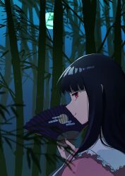 Rule 34 | 1girl, absurdres, bamboo, bamboo forest, black hair, blunt bangs, forest, full moon, hand fan, highres, holding, holding fan, houraisan kaguya, long hair, looking at viewer, moon, nature, night, open mouth, red eyes, smile, touhou, urizaku3, wide sleeves