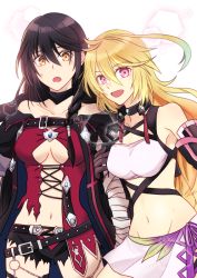 Rule 34 | 2girls, ahoge, bandaged arm, bandages, bare shoulders, belt, black choker, black hair, black jacket, black shorts, blonde hair, braid, breasts, brown gloves, choker, cleavage, cowboy shot, crop top, detached sleeves, gloves, hair between eyes, hair over shoulder, holding another&#039;s arm, jacket, lace-up top, looking at viewer, loose belt, medium breasts, micro shorts, midriff, milla maxwell, miniskirt, multiple girls, navel, off-shoulder jacket, off shoulder, open mouth, pink eyes, red shirt, saklo, shirt, shorts, single braid, single sidelock, skirt, smile, studded belt, sweatdrop, tales of (series), tales of berseria, tales of xillia, torn clothes, torn shorts, velvet crowe, white background, white shirt, white skirt, yellow eyes