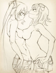 Rule 34 | 2girls, anger vein, asymmetrical docking, blush, breast envy, breast press, breasts, eye contact, face-to-face, frown, gumi, hair ornament, hand on own hip, hatsune miku, long hair, looking at another, medium breasts, monochrome, multiple girls, pocket, short hair, shorts, sketch, small breasts, smile, smug, topless, traditional media, twintails, very long hair, vocaloid, wokada