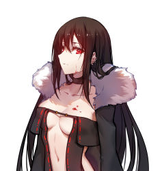 Rule 34 | 1girl, absurdres, blood, blood on face, blood stain, breasts, brown hair, center opening, choker, ear piercing, fate/grand order, fate (series), fur collar, hair between eyes, highres, large breasts, looking at viewer, navel, piercing, red eyes, revealing clothes, simple background, solo, upper body, white background, xion32, yu mei-ren (fate)