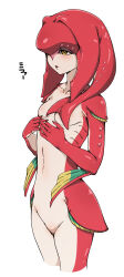 Rule 34 | 1girl, absurdres, breasts, collarbone, colored skin, fins, fish girl, groin, hamao, highres, mipha, navel, nintendo, orange eyes, red skin, simple background, small breasts, solo, standing, the legend of zelda, the legend of zelda: breath of the wild, translation request, white background, zora