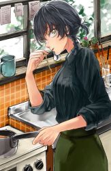 Rule 34 | 10s, 1girl, absurdres, anzio military uniform, black hair, black shirt, braid, brown eyes, cactus, closed mouth, commentary, cooking, cup, day, dress shirt, eating, food, girls und panzer, glass, grey skirt, hair tie, hair up, highres, holding, indoors, kani aruki (bucket crawl), kitchen, long sleeves, looking at viewer, looking back, military, military uniform, mug, pasta, pencil skirt, pepperoni (girls und panzer), pot, shirt, short hair, side braid, skirt, sleeves rolled up, solo, standing, tiles, translation request, uniform, upper body, window