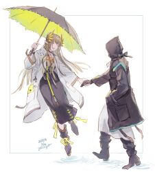 Rule 34 | 1girl, 1other, :d, ^ ^, ambiguous gender, arknights, artist name, black choker, black coat, black dress, black footwear, black gloves, black umbrella, boots, choker, closed eyes, coat, dated, doctor (arknights), dress, elf, full body, gloves, green umbrella, holding, holding hands, holding umbrella, hood, hood up, hooded coat, infection monitor (arknights), lab coat, laurel crown, laurels, light brown hair, long hair, mole, mole under eye, muelsyse (arknights), oisyox72, open clothes, open coat, open mouth, pointy ears, signature, smile, two-tone umbrella, umbrella, white background, white coat