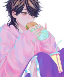 Rule 34 | 1boy, black hair, burger, cola, corrupted twitter file, eating, expressionless, fingernails, food, from side, gusamo, hair over one eye, hanemiya kazutora, highres, holding burger, holding food, knees up, light blush, long sleeves, male focus, medium hair, mole, mole under eye, multicolored hair, pants, pink sweater, portrait, purple pants, simple background, sitting, solo, streaked hair, sweater, tokyo revengers, wolf cut, yellow eyes