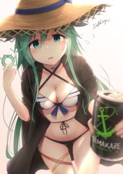 Rule 34 | 1girl, alternate costume, bikini, black coat, blurry, blush, breasts, can, choker, cleavage, coat, collarbone, cowboy shot, depth of field, driftkingtw, enemy lifebuoy (kancolle), flying sweatdrops, giving, green eyes, green hair, hair between eyes, hair ornament, hair ribbon, hairclip, hat, highres, holding, holding can, kantai collection, leaning forward, long hair, looking at viewer, medium breasts, navel, open mouth, ribbon, shade, signature, simple background, solo, stomach, straw hat, sun hat, sweat, swimsuit, tareme, thigh strap, white background, wide sleeves, yamakaze (kancolle)