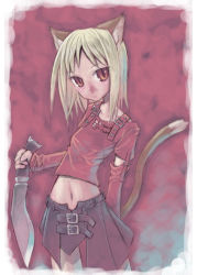 Rule 34 | 1girl, animal ears, blonde hair, cat ears, cat tail, knife, kuroya kei, original, red eyes, reverse grip, solo, tail