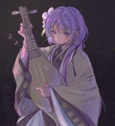 Rule 34 | 1girl, :|, blush, closed mouth, cowboy shot, crescent, eighth note, expressionless, fingernails, flower, hair flower, hair ornament, highres, holding, holding instrument, instrument, japanese clothes, kimono, leaf, long hair, long sleeves, looking at viewer, lute (instrument), mole, mole under eye, music, musical note, playing instrument, purple eyes, purple flower, purple hair, solo, taketorikyouko, touhou, tsukumo benben, two-tone kimono, very long hair, white kimono, wide sleeves, yellow kimono