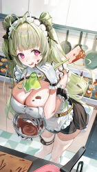 Rule 34 | 1girl, apron, barcode, blunt bangs, blush, breast strap, breasts, chocolate, chocolate on body, chocolate on breasts, cleavage, emyo, food on body, from above, goddess of victory: nikke, green eyes, grey hair, highres, indoors, kitchen, large breasts, long hair, looking at viewer, maid, maid apron, purple eyes, soda (nikke), standing, two-tone gloves, white apron