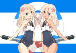 Rule 34 | 10s, 2girls, :d, bad id, bad twitter id, bare shoulders, blonde hair, blue eyes, blush, collarbone, cosplay, cowboy shot, crop top, dual persona, flower, hair flower, hair ornament, innertube, kantai collection, long hair, multiple girls, one-piece swimsuit, open mouth, outstretched arms, ro-500 (kancolle), ro-500 (kancolle) (cosplay), sailor collar, school swimsuit, shingo., shirt, sleeveless, sleeveless shirt, smile, swim ring, swimsuit, swimsuit under clothes, symmetry, tan, tanline, torpedo, u-511 (kancolle), white hair