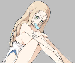 Rule 34 | 1girl, blonde hair, blue one-piece swimsuit, breasts, drill hair, food, food in mouth, girls und panzer, green eyes, grey background, large breasts, long hair, looking at viewer, looking to the side, marie (girls und panzer), one-piece swimsuit, popsicle, popsicle in mouth, rebirth42000, sideboob, simple background, sitting, solo, swimsuit