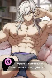 Rule 34 | 1boy, abs, alternate muscle size, bara, bulge, couch, cowboy shot, erection, erection under clothes, hair over one eye, honkai: star rail, honkai (series), hydaria, jing yuan, large pectorals, long hair, looking at viewer, male focus, mole, mole under eye, muscular, muscular male, navel, nipples, on couch, paid reward available, pectorals, sitting, smirk, solo, stomach, thighs, topless male, veins, veiny arms, watermark, white hair, yellow eyes