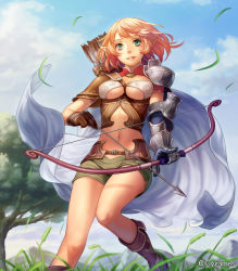 Rule 34 | 10s, 1girl, armor, arrow (projectile), blonde hair, boots, bow (weapon), breasts, cape, cleavage, elf, esukee, gloves, green eyes, looking at viewer, midriff, navel, pointy ears, quill, shingeki no bahamut, short hair, shorts, smile, solo, weapon, wind