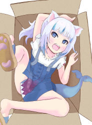 Rule 34 | absurdres, animal ears, blue dress, blue eyes, blue hair, blush, box, buckle, buttons, cat ears, diamond (shape), dot nose, dress, fake tail, fins, fish tail, front slit, gawr gura, gawr gura (casual), highres, hololive, hololive english, in box, in container, kicking, incoming kick, ksatorium531, multicolored hair, pinafore dress, sandals, shark tail, sharp teeth, shirt, simple background, sleeveless, sleeveless dress, tail, teeth, trident print, two-tone hair, virtual youtuber, white background, white hair, white shirt